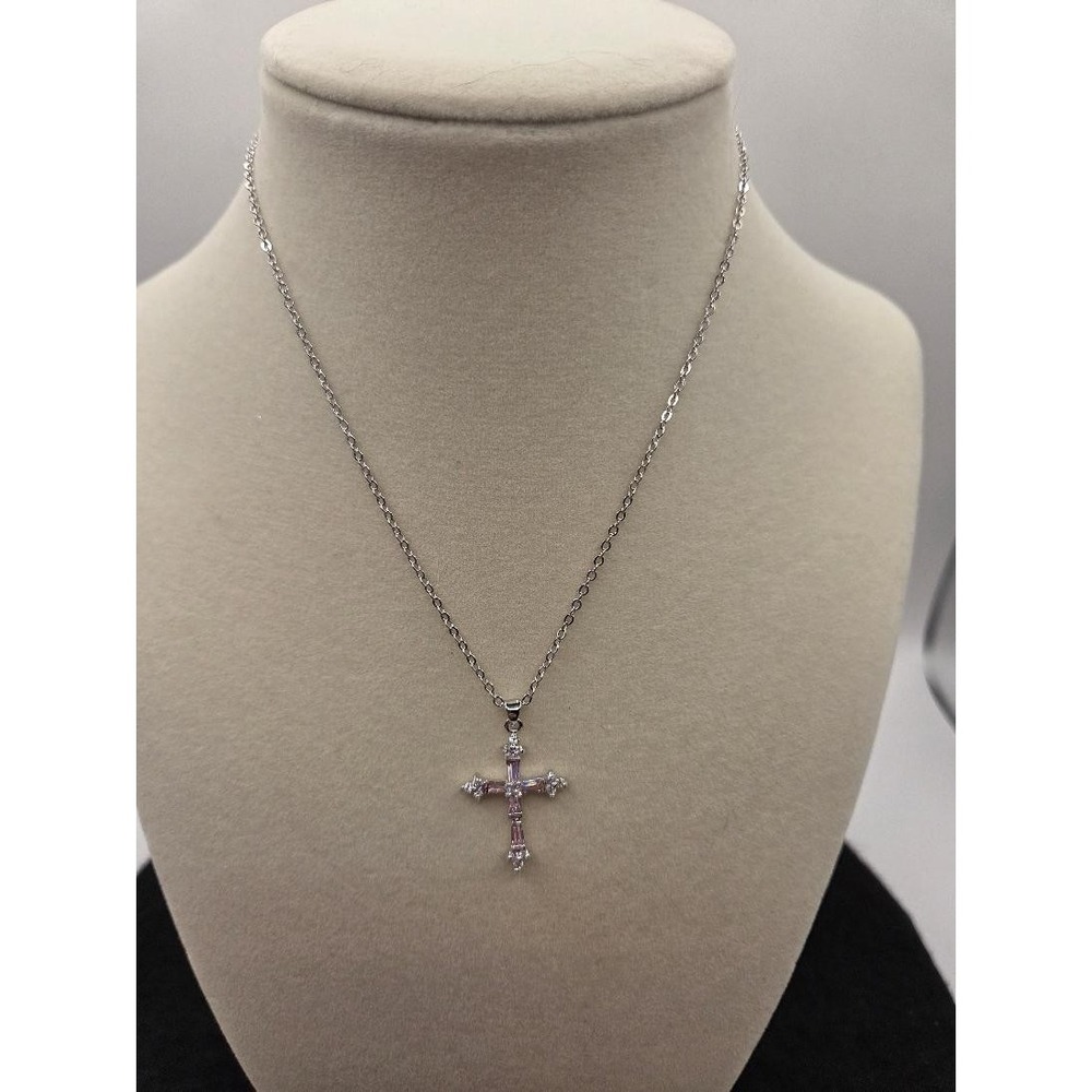 Cookie Lee Vintage Silver Tone Cross Pendant Necklace Pink Clear Baguette CZ NWT